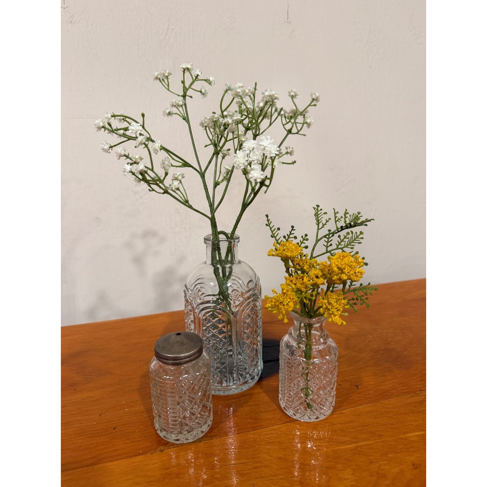 Vintage Pressed Glass Bottle Vase Shaker Set Clear Diamond Pattern 3 Piece